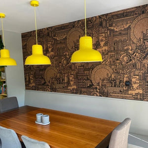 Hit the North cork wallpaper by The Monkey Puzzle Tree in brown and black, a northern townscape in a dining area