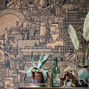 Hit the North cork wallpaper by The Monkey Puzzle Tree in brown and black, full repeat of a northern townscape