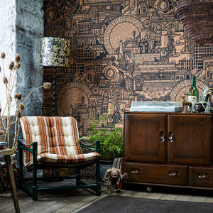 Hit the North cork wallpaper by The Monkey Puzzle Tree in brown and black, a northern townscape in a styled room setting
