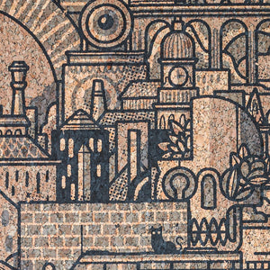 Hit the North cork wallpaper by The Monkey Puzzle Tree in brown and black, detail of a northern townscape