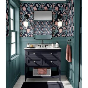 Honiton Lace wallpaper by Annika Reed in navy and pink, lace-style flowers in a bathroom