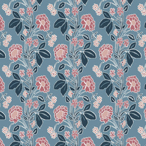 Honiton Lace wallpaper by Annika Reed in blue and pink, pattern sample of lace-style flowers
