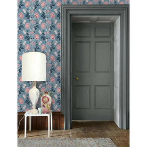Honiton Lace wallpaper by Annika Reed in blue and pink, lace-style flowers in a hallway