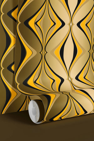 Hourglass wallpaper by Liberty James Studio in black and gold, partly unrolled roll showing a retro hourglass wave