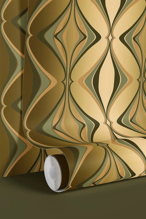 Hourglass wallpaper by Liberty James Studio in green and gold, sample roll showing a retro hourglass wave