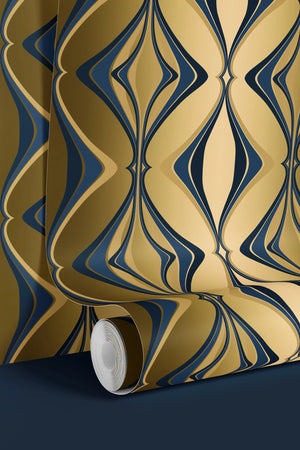 Hourglass wallpaper by Liberty James Studio in teal and silver, roll showing a retro hourglass wave (alternate view)