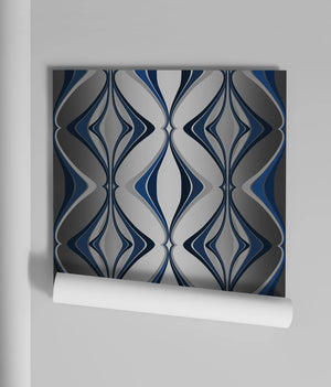 Hourglass wallpaper by Liberty James Studio in blue and silver, roll showing a retro hourglass wave