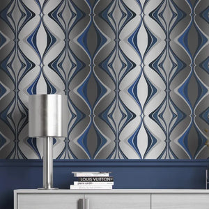 Hourglass wallpaper by Liberty James Studio in blue and silver, sample roll showing a retro hourglass wave