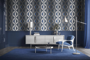 Hourglass wallpaper by Liberty James Studio in blue and silver, a retro hourglass wave in a living room