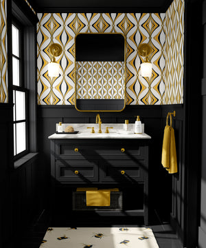Hourglass wallpaper by Liberty James Studio in yellow and black, a retro hourglass wave in a bathroom
