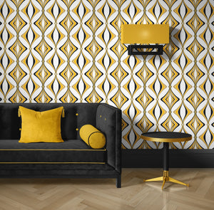 Hourglass wallpaper by Liberty James Studio in yellow and black, a retro hourglass wave in a living room