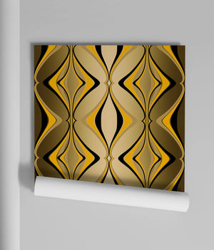 Hourglass wallpaper by Liberty James Studio in black and gold, roll showing a retro hourglass wave