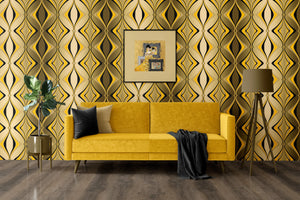 Hourglass wallpaper by Liberty James Studio in black and gold, a retro hourglass wave on a living room wall