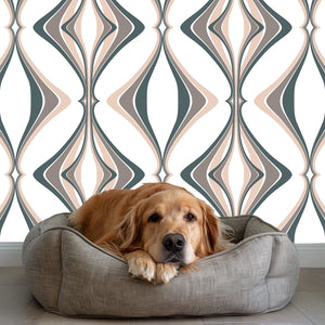 Hourglass wallpaper by Liberty James Studio in grey, a retro hourglass wave behind a dining table