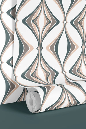 Hourglass wallpaper by Liberty James Studio in grey, partly unrolled roll showing a retro hourglass wave