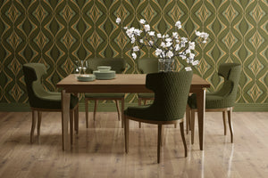 Hourglass wallpaper by Liberty James Studio in green and gold, a retro hourglass wave above a sideboard