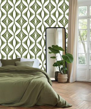 Hourglass wallpaper by Liberty James Studio in green, a retro hourglass wave on a feature wall