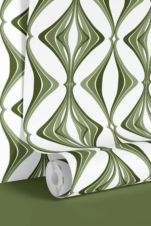Hourglass wallpaper by Liberty James Studio in green, a retro hourglass wave on a living room wall
