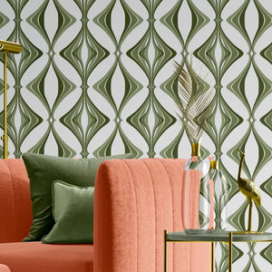 Hourglass wallpaper by Liberty James Studio in green, sample roll showing a retro hourglass wave