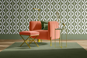 Hourglass wallpaper by Liberty James Studio in green, a retro hourglass wave in a dining area