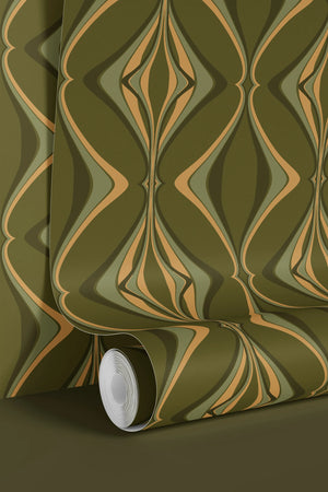 Hourglass wallpaper by Liberty James Studio in green and gold, a retro hourglass wave on a bedroom wall