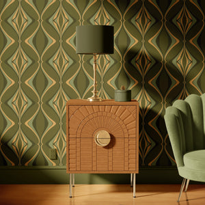 Hourglass wallpaper by Liberty James Studio in green and gold, a retro hourglass wave in a dining room