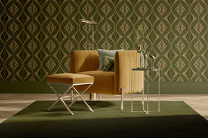 Hourglass wallpaper by Liberty James Studio in green and gold, roll showing a retro hourglass wave