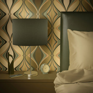 Hourglass wallpaper by Liberty James Studio in green and gold, a retro hourglass wave above a cabinet