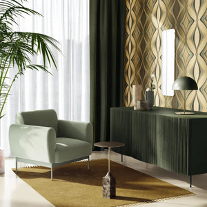 Hourglass wallpaper by Liberty James Studio in green and gold, a retro hourglass wave in a living room