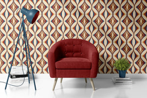 Hourglass wallpaper by Liberty James Studio in red and navy, a retro hourglass wave in a bedroom