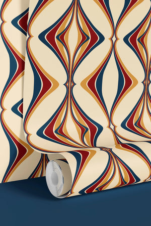 Hourglass wallpaper by Liberty James Studio in red and navy, a retro hourglass wave on a bedroom wall