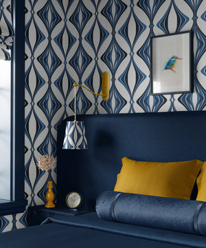 Hourglass wallpaper by Liberty James Studio in blue, a retro hourglass wave in a styled room setting