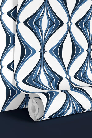 Hourglass wallpaper by Liberty James Studio in blue, a retro hourglass wave in a bedroom