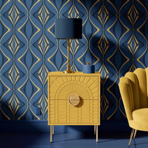 Hourglass wallpaper by Liberty James Studio in navy and gold, a retro hourglass wave behind a sofa in a living room