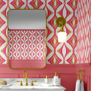 Hourglass wallpaper by Liberty James Studio in pink, a retro hourglass wave in a bathroom