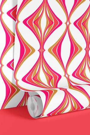 Hourglass wallpaper by Liberty James Studio in pink, sample roll showing a retro hourglass wave