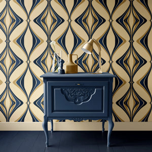 Hourglass wallpaper by Liberty James Studio in navy and gold, a retro hourglass wave behind a console table