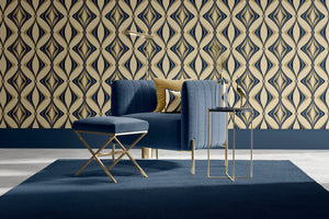 Hourglass wallpaper by Liberty James Studio in navy and gold, a retro hourglass wave on a living room wall