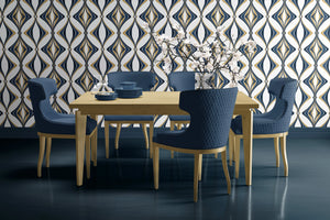 Hourglass wallpaper by Liberty James Studio in teal and gold, a retro hourglass wave in a dining area