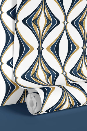 Hourglass wallpaper by Liberty James Studio in teal and gold, sample roll showing a retro hourglass wave
