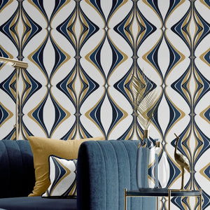 Hourglass wallpaper by Liberty James Studio in teal and gold, roll showing a retro hourglass wave