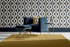 Hourglass wallpaper by Liberty James Studio in teal and gold, a retro hourglass wave in a bedroom