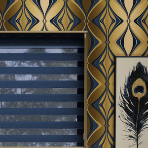 Hourglass wallpaper by Liberty James Studio in teal and gold, a retro hourglass wave in a styled room setting