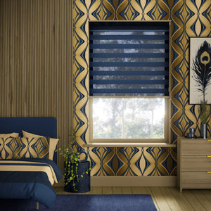 Hourglass wallpaper by Liberty James Studio in teal and silver, a retro hourglass wave on a feature wall