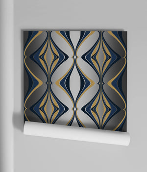 Hourglass wallpaper by Liberty James Studio in teal and silver, roll showing a retro hourglass wave