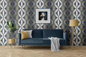 Hourglass wallpaper by Liberty James Studio in teal and silver, a retro hourglass wave behind a sofa in a living room