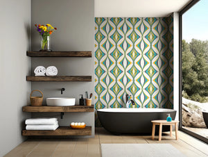 Hourglass wallpaper by Liberty James Studio in turquoise and yellow, a retro hourglass wave in a hallway
