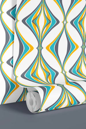Hourglass wallpaper by Liberty James Studio in turquoise and yellow, a retro hourglass wave in a bathroom setting