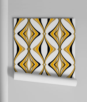 Hourglass wallpaper by Liberty James Studio in yellow and black, roll showing a retro hourglass wave