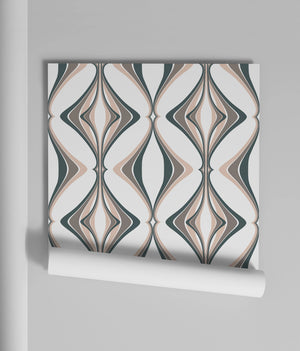 Hourglass wallpaper by Liberty James Studio in grey, a retro hourglass wave in an interior setting